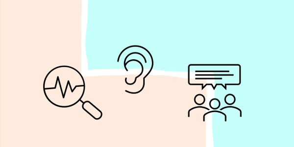 Icon showing a magnifying glass looking at data, an ear, and three people with a speech bubble