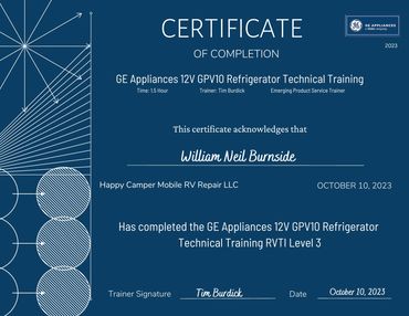 Certificate of Completion for William Neil Burnside on GE Appliances Refrigerator Technical Training.
