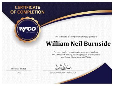 Certificate of completion awarded to William Neil Burnside for WFCO Product Training.