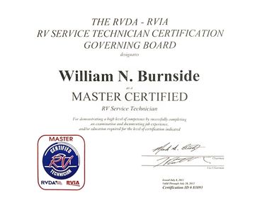Certificate for William N. Burnside as Master Certified RV Service Technician.
