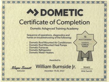 Certificate of Completion from Dometic Advanced Training Academy.