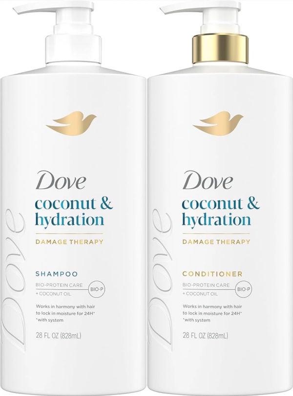 Dove coconut &amp; hydration shampoo and conditioner bottles.
