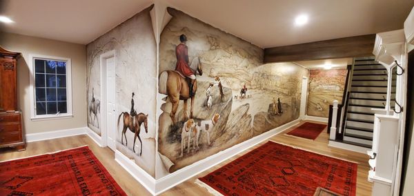  Hunt scene mural at private home, in collaboration with lead designer, Patricia Taylor Holz.