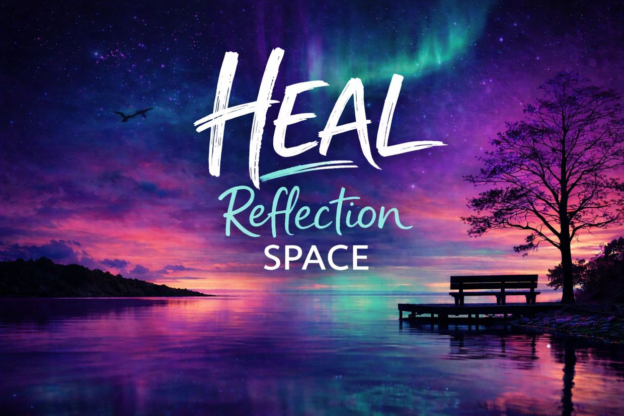Serene lakeside at sunset with text: Heal Reflection Space.