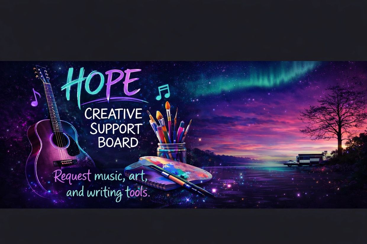 Colorful creative support board with guitar, paintbrushes, and a twilight lakeside scene.