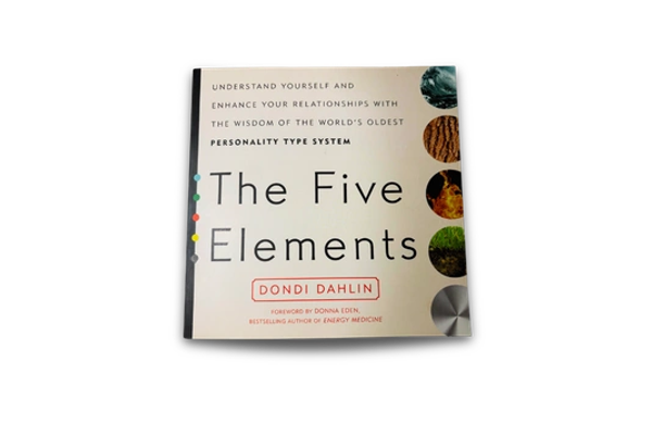 the five elements book cover. White background with 5 circles of different elements