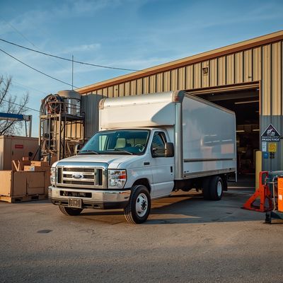White delivery truck parked outside a warehouse during daytime.