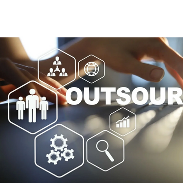 Hands typing on a laptop with outsourcing concept icons floating above.