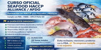 Anuncio de curso HACCP para pescados y mariscos.