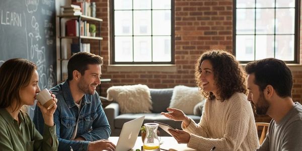 Four people in a cozy workspace discussing ideas around a wooden table.