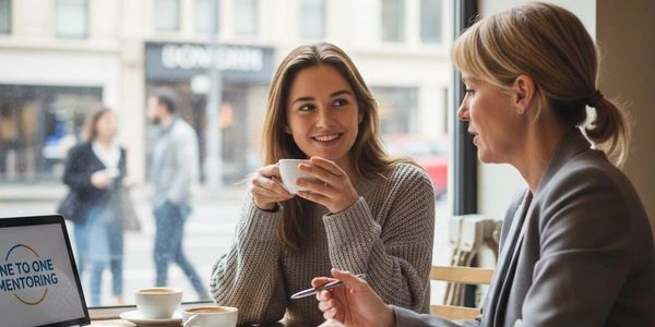 Two women engaged in a mentoring session over coffee in a cozy cafe.