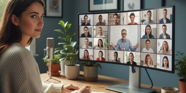 Woman attending an online video conference from home with a notebook and microphone.