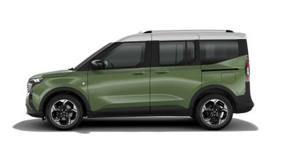 Side view of a modern green SUV with black roof and wheels.