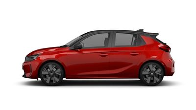 Sleek red compact hatchback car with black alloy wheels.