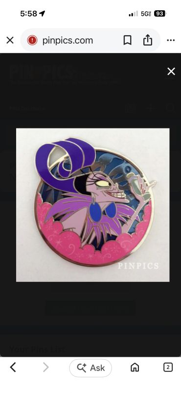 Colorful enamel pin of a villainous character with purple and pink hues.