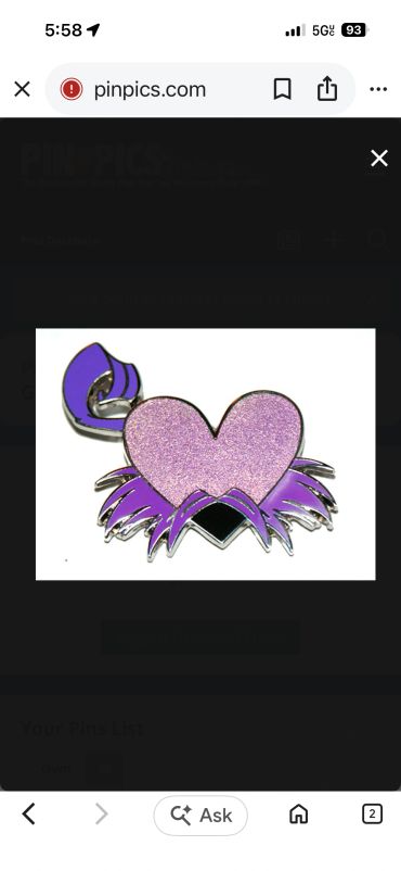 Purple glittery heart and crab enamel pin.