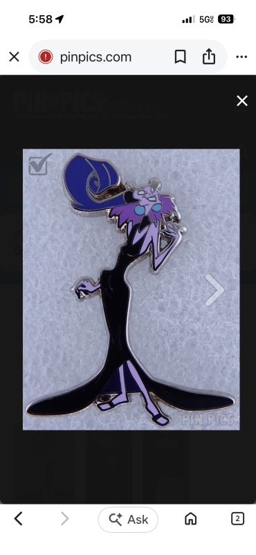 Pin of a stylized purple character in a glamorous black dress.