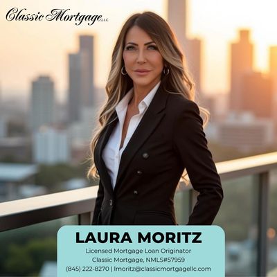 Professional portrait of Laura Moritz, a licensed mortgage loan originator, with city skyline at sunset.