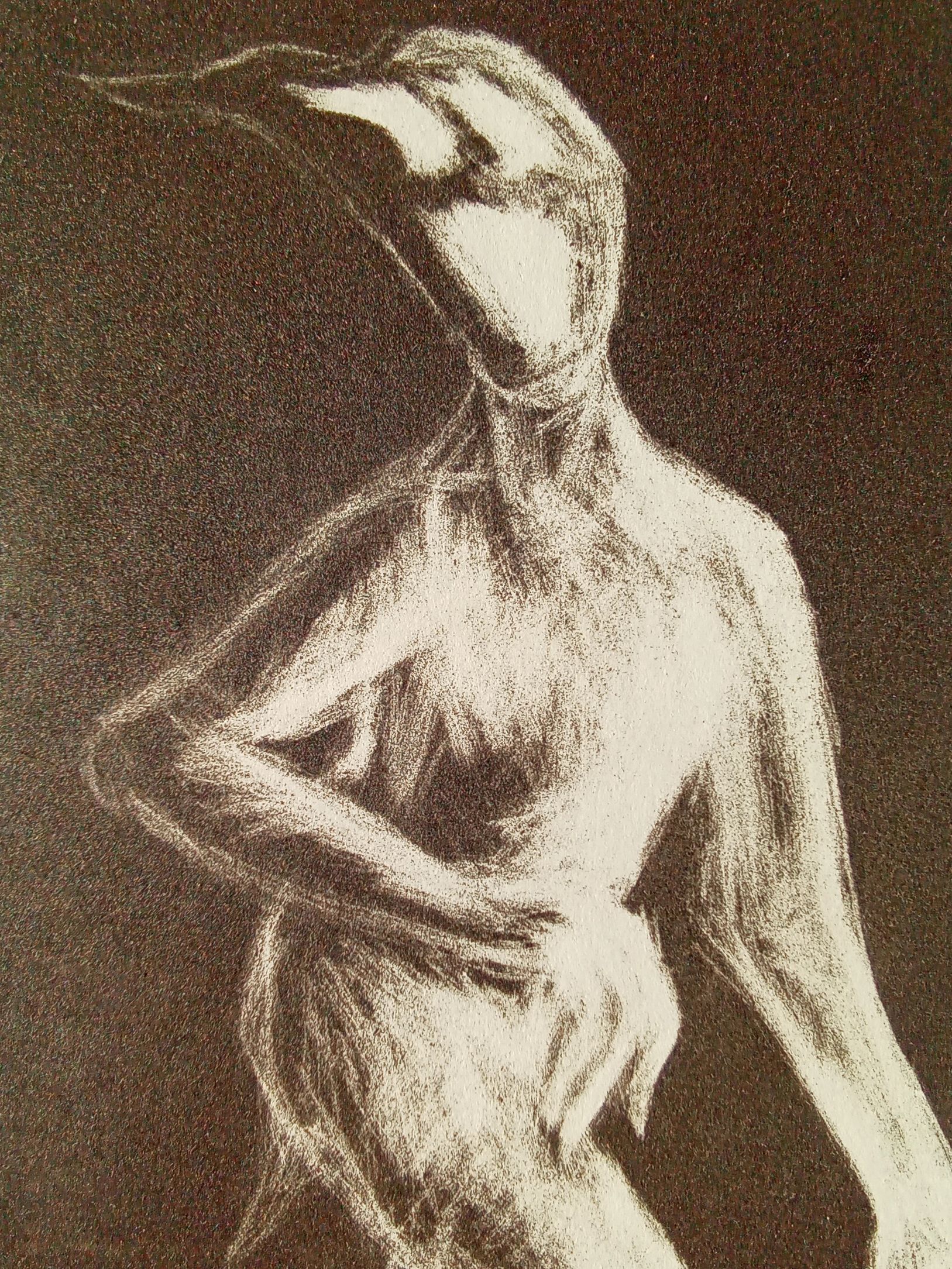 Monochrome drawing of a faceless figure in a hooded cloak.