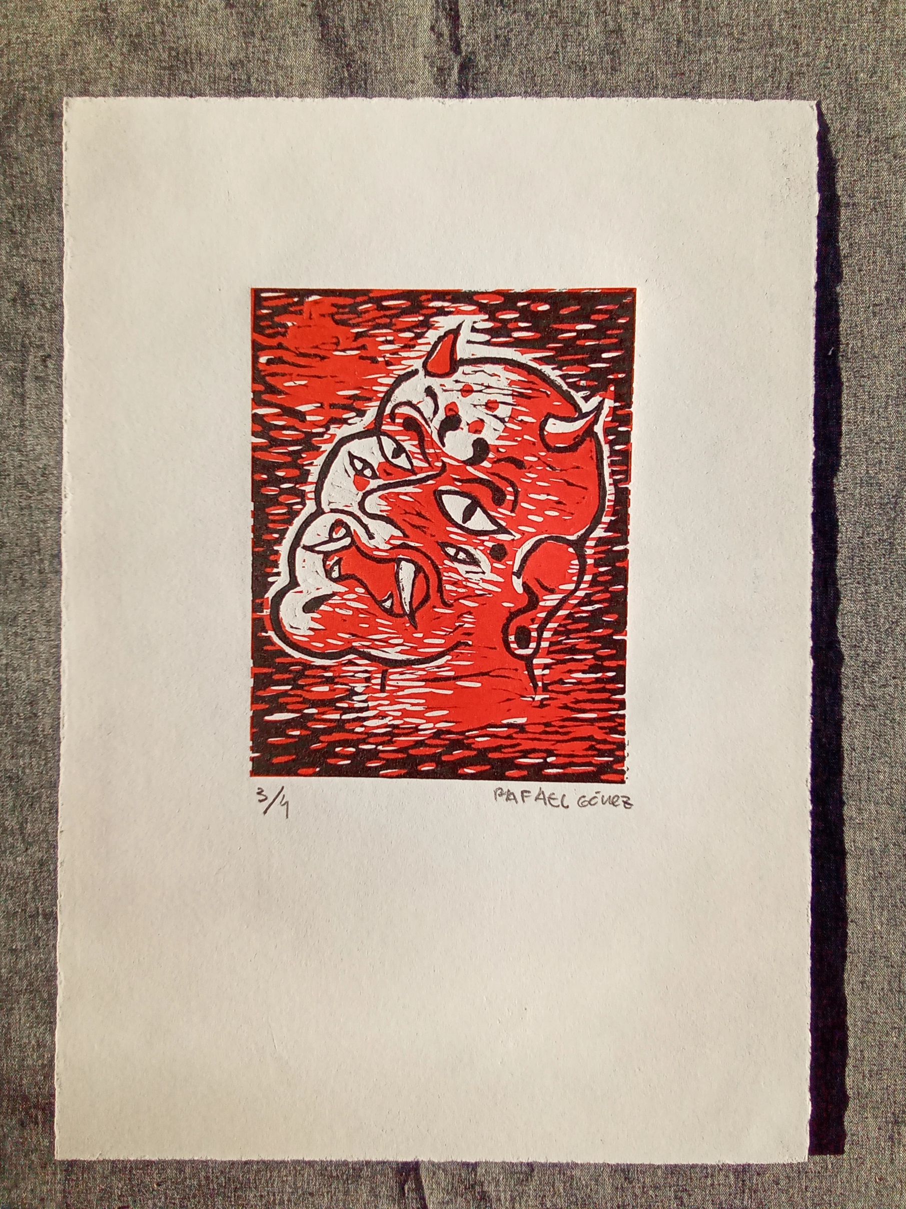 Abstract red and black ink artwork on paper by Rafael Gómez.