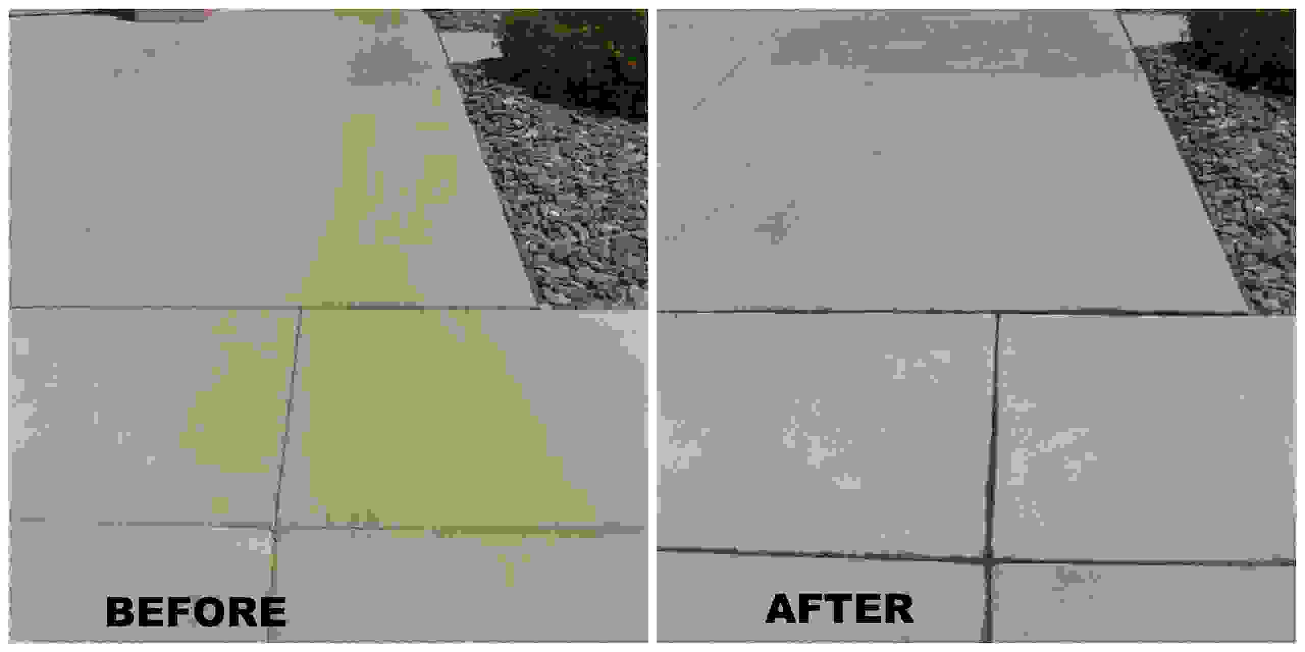 Before and after of a battery acid stain that was removed using front9restoration F9 BARC.