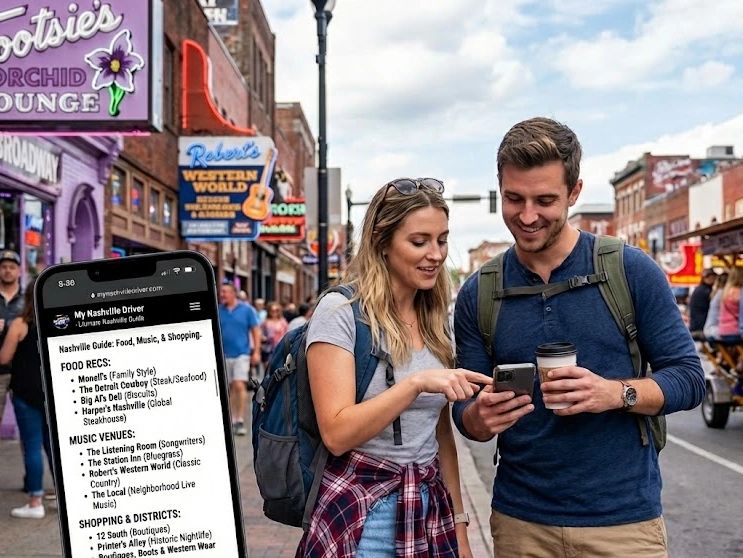 Tourists on Nashville Broadway near Tootsie's planning trip with private driver guide