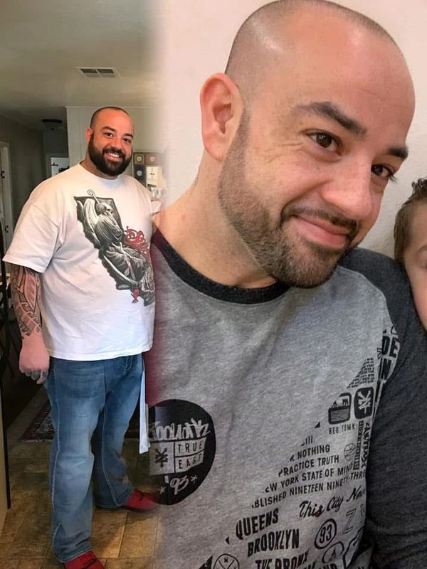 Before and after weight loss photos of a man with tattoos and a beard.