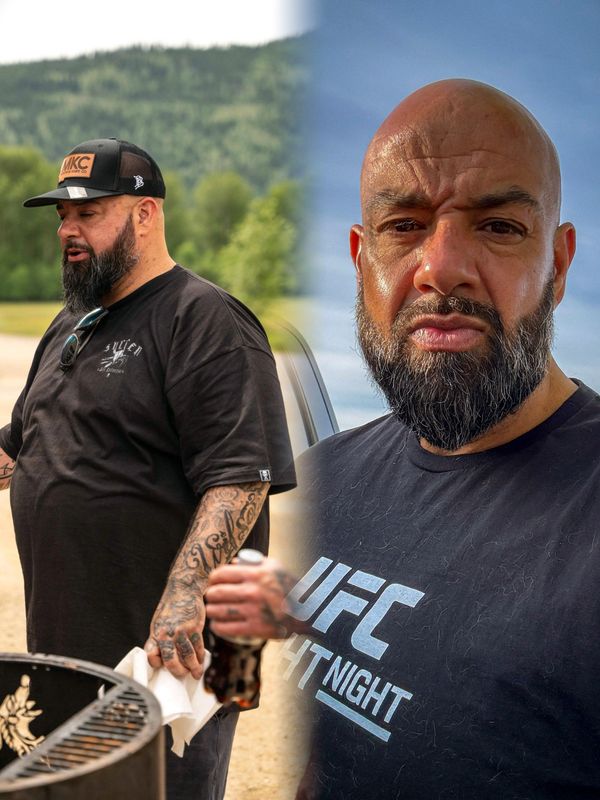 Two images of a bearded man outdoors, one grilling and one posing for a selfie.