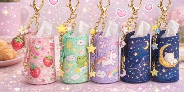 Colorful keychain tissue holders with cute animal and star designs.