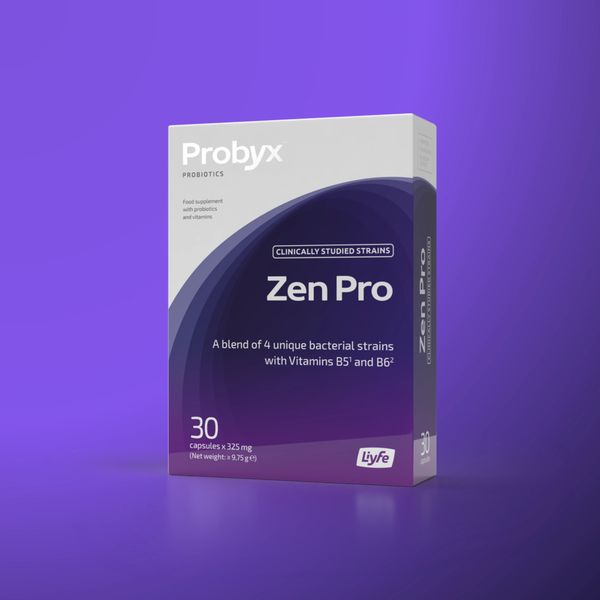 Probyx Zen Pro probiotic supplement with vitamins B5 and B6, 30 capsules.