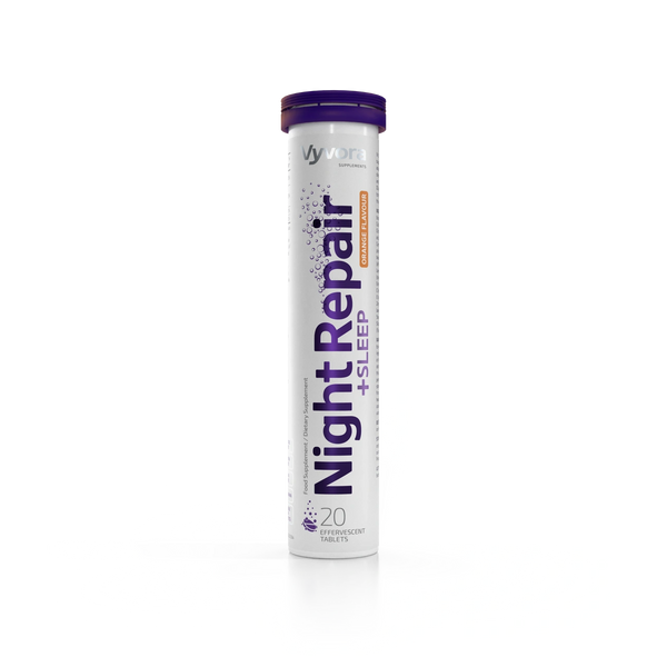 Tube of Vyvora Night Repair + Sleep orange-flavored effervescent tablets.