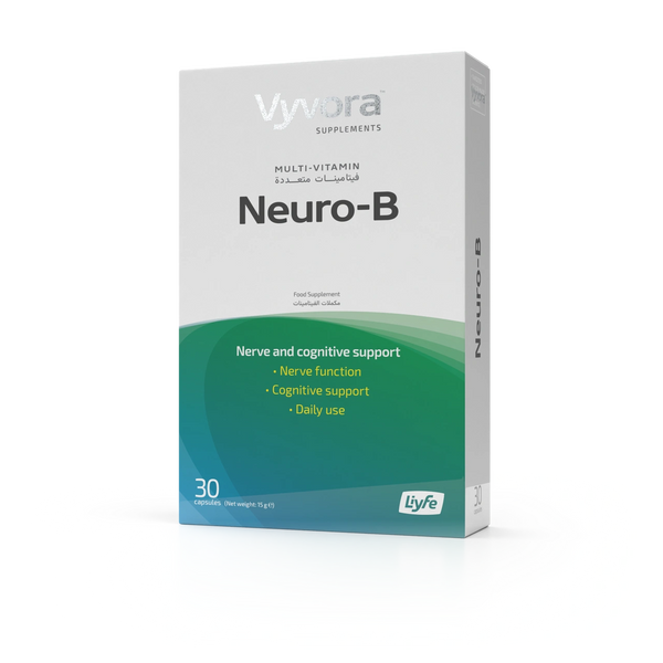 Vyvora Neuro-B multivitamin supports nerve and cognitive functions with 30 capsules.