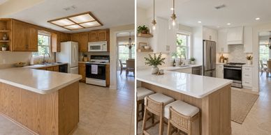 AI-generated kitchen before-and-after design concept; not a completed RCN renovation.