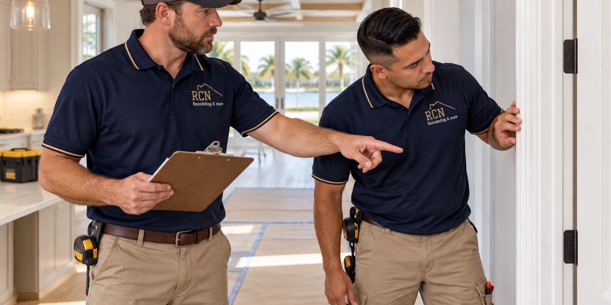 AI illustration: workers in RCN uniforms reviewing trim and punch-list work; not actual employees.