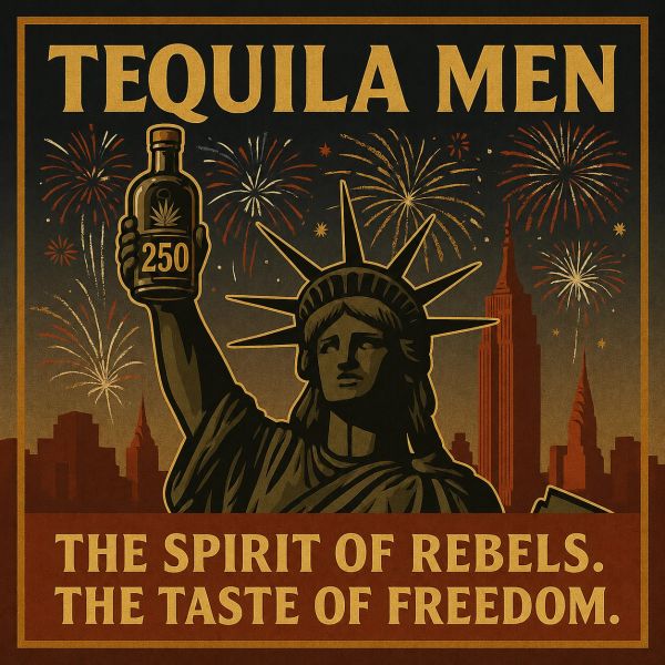 Statue of Liberty holding tequila bottle with fireworks.