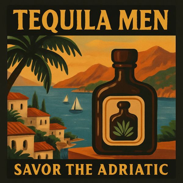 Vintage-style tequila ad with coastal scene and bottle.