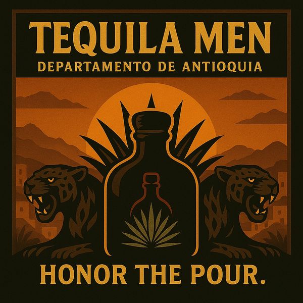 Tequila Men poster with bottle and two jaguars.