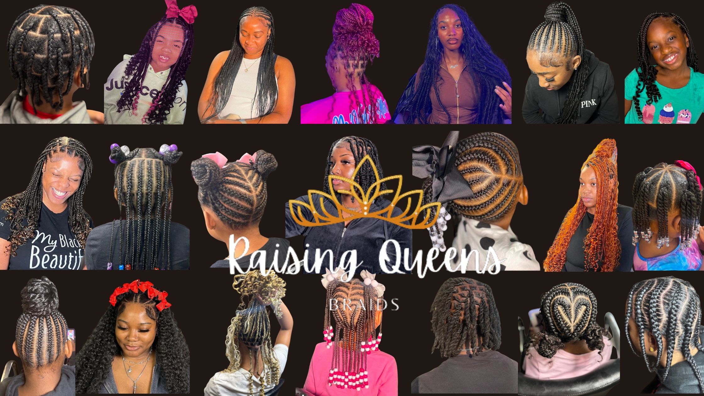 Collage showing diverse braided and styled hairstyles for young girls.