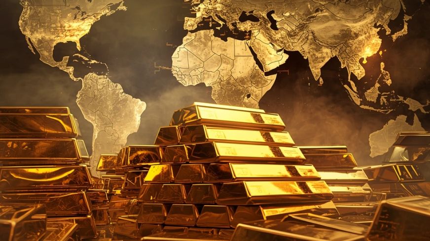Stacks of gold bars with a world map in the background symbolizing global wealth.