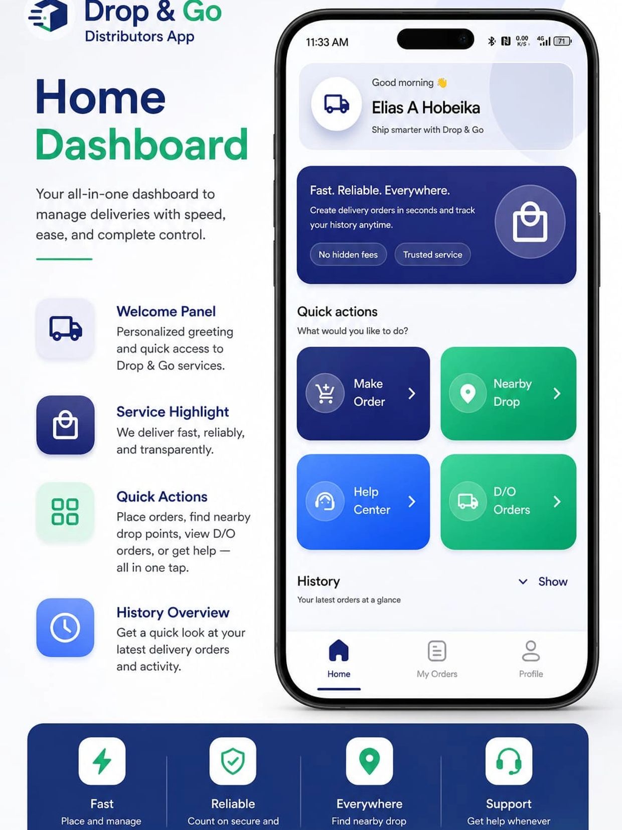 Drop &amp; Go app home dashboard for fast, reliable delivery management with quick actions and history overview.