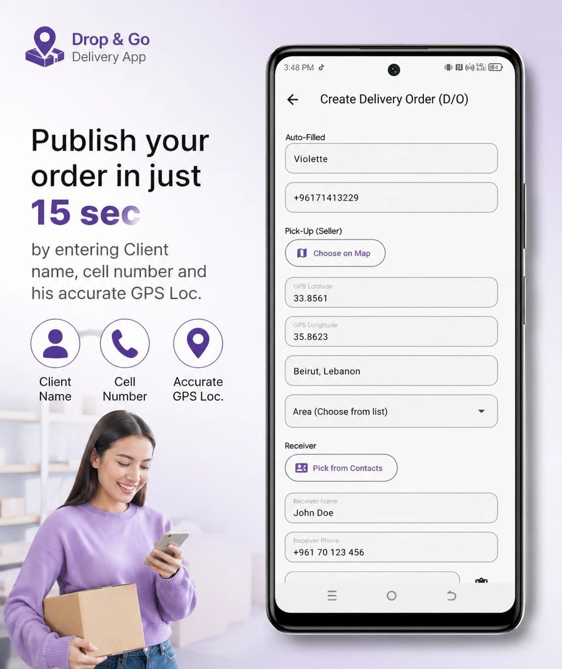 Drop & Go app lets you publish delivery orders in 15 seconds with client details and GPS.