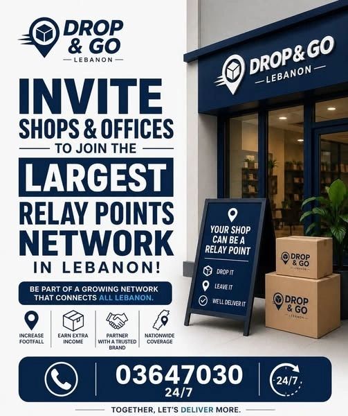 Advertisement inviting shops and offices in Lebanon to join the largest relay points network.