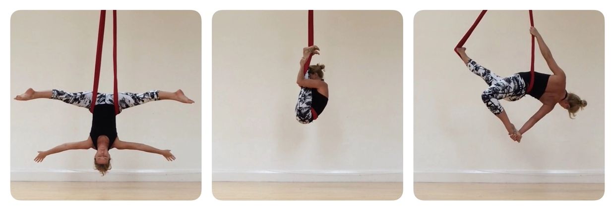 A triptych of an invert, a forward fold and a reclining back bend