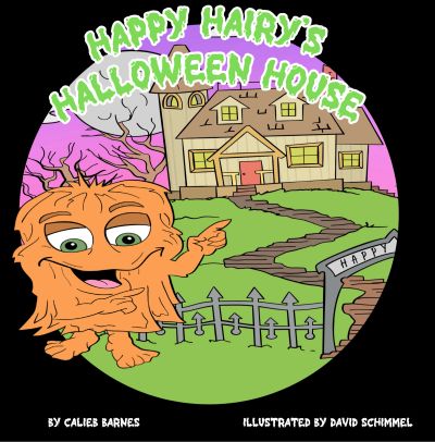 Cartoon hairy monster in front of a Halloween house.