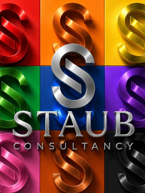 Colorful metallic S logos with STAUB Consultancy text.