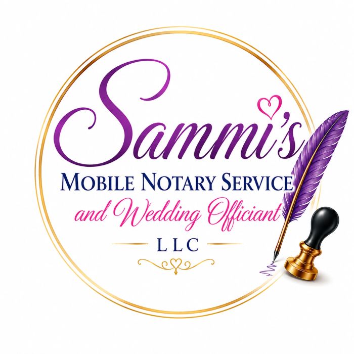 Logo for Sammi  Mobile Notary Service and Wedding Officiant LLC with elegant purple and gold design.