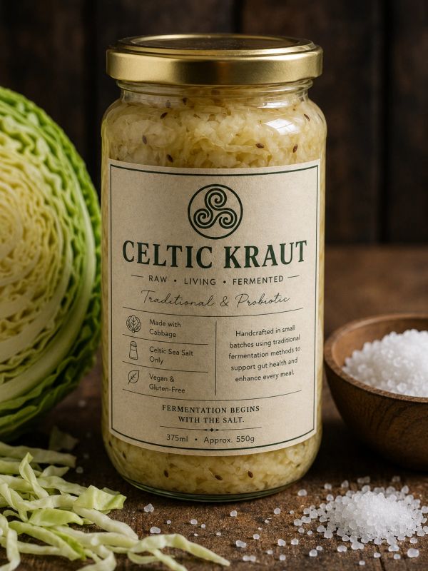 A jar of Celtic Kraut sauerkraut with cabbage and salt nearby.