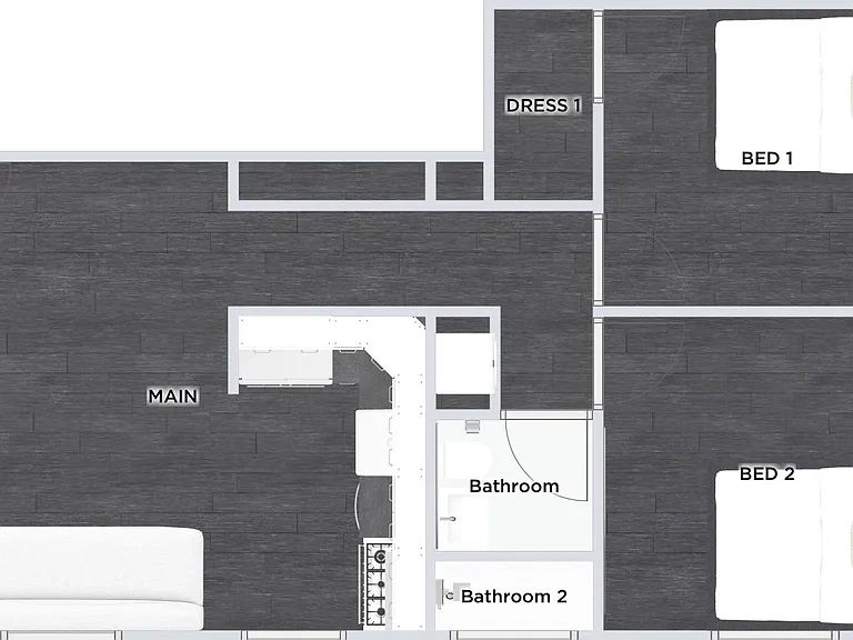 Floor plan showing two bedrooms, two bathrooms, a dressing room, and a main living area.
