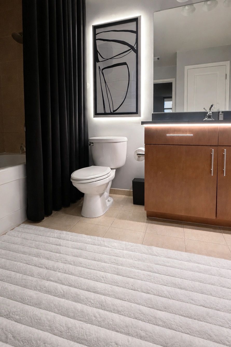 Modern bathroom with white toilet, wooden vanity, black curtain, and abstract wall art.