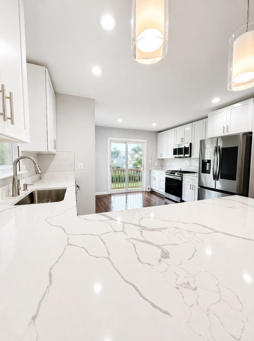 Modern kitchen with white marble countertops and stainless steel appliances.